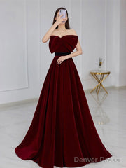 Velvet A Line Burgundy Satin Long Prom Dress, Velvet Bridesmaid Dress