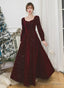 Velvet Long Sleeves A Line Long Prom Dress Prom Dress Wedding Guest Prom Dresses