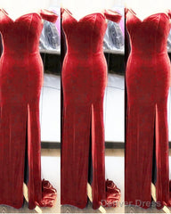 Velvet Mermaid Slit Bridesmaid Dresses Off Shoulder