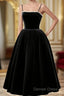Velvet Tea Length Pearls Straps Prom Dress, Velvet Wedding Prom Dresses