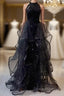 Vintage A Line Halter Black Prom Dress Sequin Prom Dresses