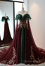 Vintage A Line High Neckline Tulle Burgundy Prom Dresses