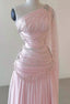 Vintage A Line One Shoulder Pink Chiffon Floor Length Prom Dress Beads Prom Dresses