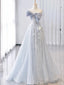 Vintage A Line Strapless Light Sky Blue Tulle Long Prom Dress