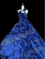 Vintage A-Line Strapless Satin Tulle Long Ball Dress Klein Blue 3D Applique Evening Dress
