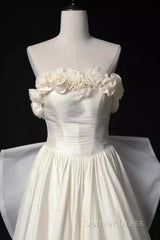 Vintage A Line Strapless Satin White Long Wedding Dresses Brides Dresses