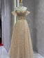 Vintage A Line Straps Champagne Tulle Long Prom Dress