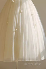 Vintage Ball Gown Bateau White Tea Length Wedding Dresses Brides Dresses