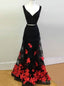 Vintage Black V Neck Two Piece Prom Dresses with Appliques