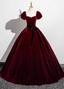 Vintage Burgundy A-Line Puff Sleeve Velvet Long Prom Dresses Evening Dresses