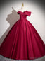 Vintage Burgundy Satin Off the Shoulder Flower Prom Dress