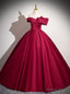 Vintage Burgundy Satin Off the Shoulder Flower Prom Dresses