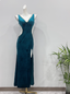 Vintage Deep Peacock Blue Mermaid V-Neck Pearl Slit Velvet Long Prom Dresses Evening Dresses