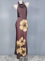Vintage Elegant Dark Brown Printed Halter Neck Open Back Satin Long Prom Dresses Evening Dresses