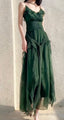 Vintage Green A Line Spaghetti Strap Chiffon Long Prom Dresses V Neck Layered Prom Gowns