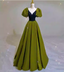 Vintage Green A-Line V-Neck Puff Sleeve Satin Long Prom Dresses Evening Dresses