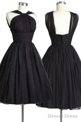 Vintage Knee-Length Sleeveless Open Back Black Homecoming Dress Ruched