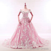 Vintage Lace Appliques Off Shoulder Pink Lace Wedding Dress Ball Gowns