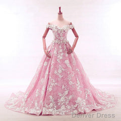 Vintage Lace Appliques Off Shoulder Pink Lace Wedding Dress Ball Gowns