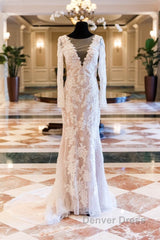 Vintage Lace Long Sleeve See Through Back Nude Mermaid Wedding Dresses,