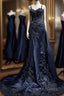 Vintage Mermaid Spaghetti Straps Navy Blue Satin Long Prom Dresses Party Dresses