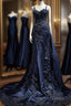 Vintage Mermaid Spaghetti Straps Navy Blue Satin Long Prom Dress