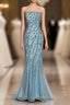 Vintage Mermaid Strapless Tulle Blue Beads Long Prom Gowns Fairy Prom Dresses