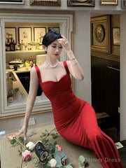 Vintage Mermaid Straps Black Satin Long Birthday Dress Prom Dresses