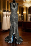 Vintage Mermaid V Neckline Gray Sequin Long Prom Gowns Fairy Prom Dresses