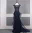 Vintage Navy Blue Mermaid Crew Neck Beaded Tulle Train Prom Dresses Evening Dresses