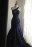 Vintage Navy Blue Mermaid One-Shoulder Satin Long Prom Dresses Evening Dresses