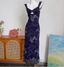 Vintage Navy Blue Spaghetti Strap Printed Lace Tulle Long Prom Dresses Evening Dresses