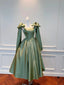 Vintage Olive Green A-Line Bow Strap Satin Tea-Length Prom Dresses Evening Dresses
