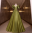 Vintage Olive Green Deep V-Neck Puff Sleeve Satin Long Prom Dresses Evening Dresses