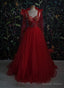 Vintage Red Tulle Prom Dresses,Women Prom Gown with Flowers
