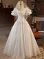 Vintage Satin Lace Short Sleeve Wedding Dresses