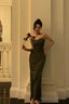 Vintage Sheath Spaghetti Straps Green Satin Long Prom Dresses Prom Gown