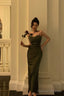 Vintage Sheath Spaghetti Straps Green Satin Long Prom Dresses Evening Gowns