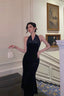 Vintage Sheath V Neckline Black Velvet Long Prom Dresses Prom Gown