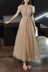 Vintage Style A-Line Champagne Party Dress Features With Short Sleeves Homecoming Dress