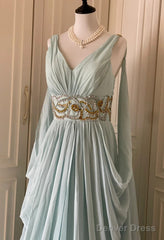 Vintage Tiffany Blue V-Neck A-Line Beaded Chiffon Long Prom Dress Evening Dress Wedding Dress