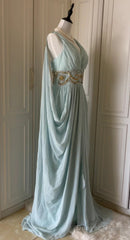 Vintage Tiffany Blue V-Neck A-Line Beaded Chiffon Long Prom Dress Evening Dress Wedding Dress