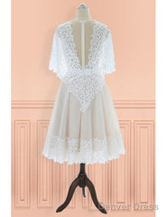 Vintage V-Neck Lace Knee Length Wedding Dress With Sleeves