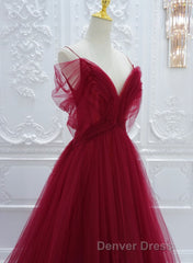 Wine Red Tulle V-Neckline Off Shoulder With Bow, Wine Red Tulle Long Prom Dresses