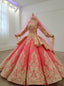 Watermelon Red Ball Gowns Lace Appliques Long Sleeve Wedding Dresses
