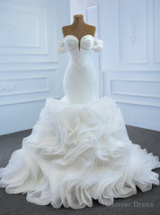 We Provide White Mermaid Satin Organza Sweetheart Pleats Wedding Dress