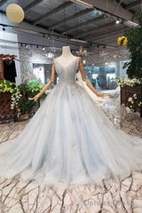 Wedding Dresses V Neck Lace Up Back Beads Prom Dress Tulle