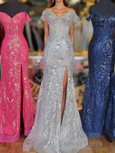 Fuchsia Off-Shoulder Sequined Floral Mermaid Long Prom Dresses with Slit