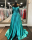 Spaghetti Straps Beaded Teal Blue A-line Long Formal Dresses