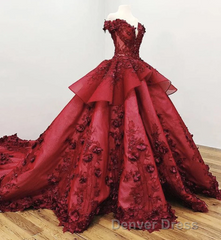 Ball Gown Off the Shoulder Prom Dresses with Beading, Puffy Long Quinceanera Dresses